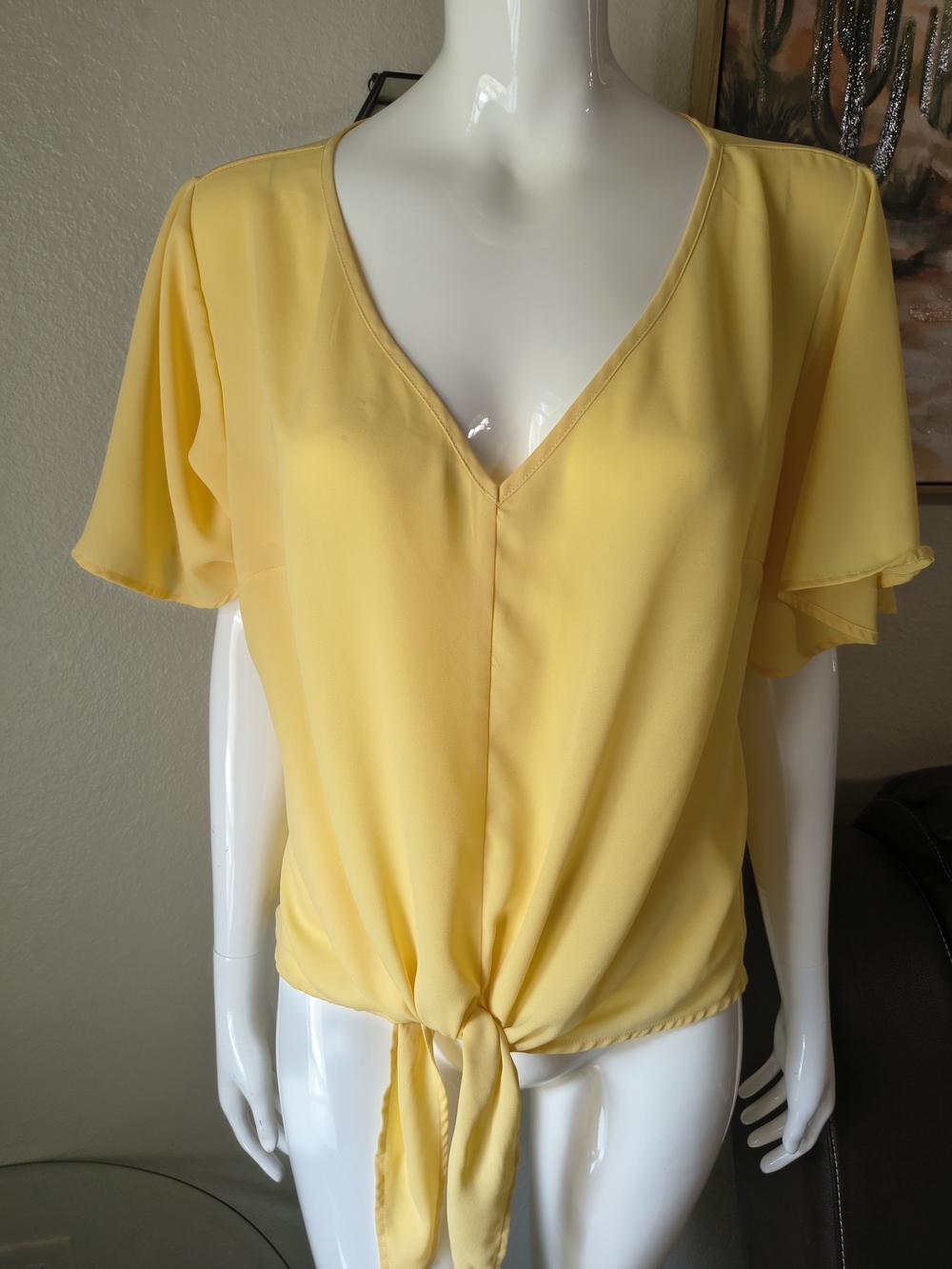 SHEIN Yellow V-Neck Tie-Front Blouse